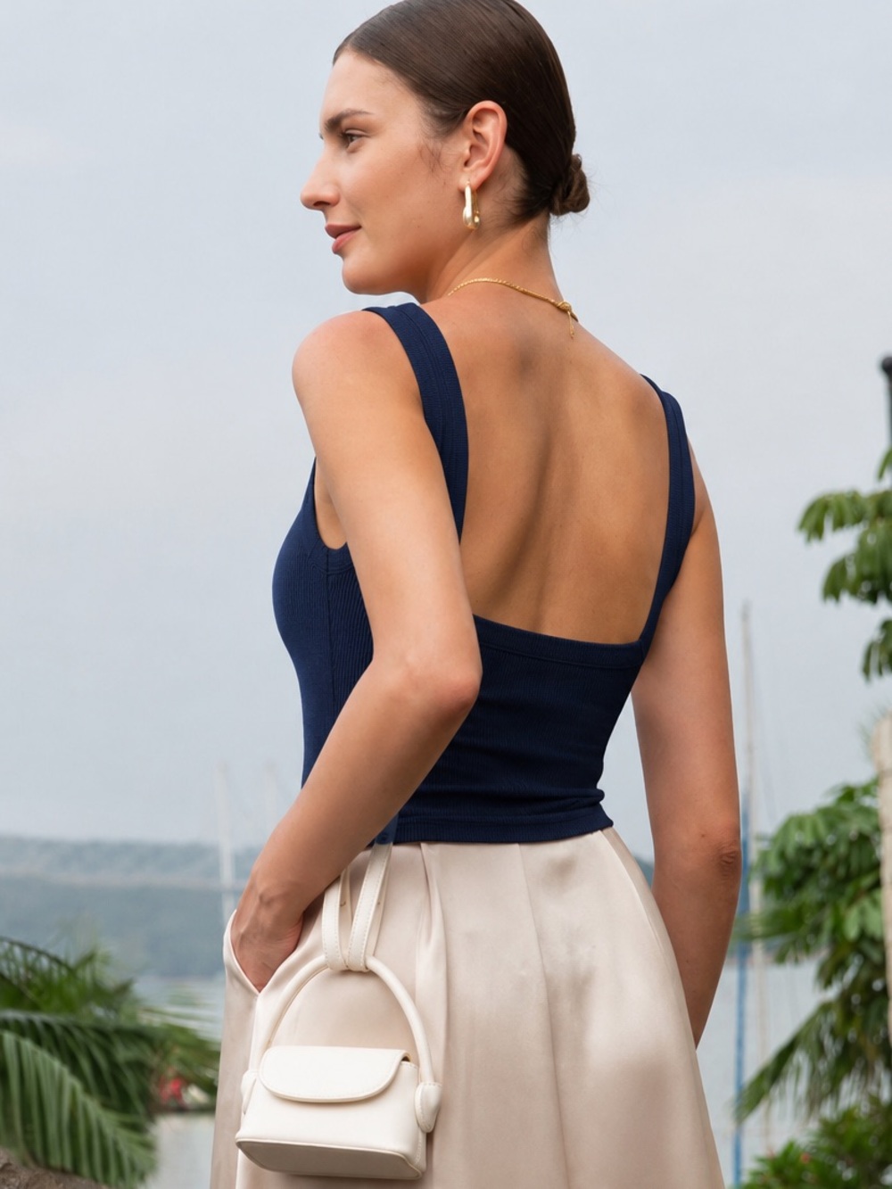 OGL Slinky Square Open Back Bra Tank Top Navy Small NWT